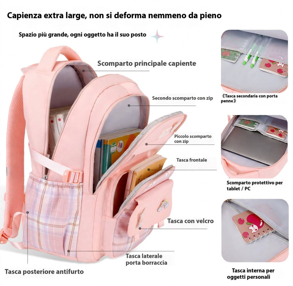 Zaino scuola per ragazze colori pastello